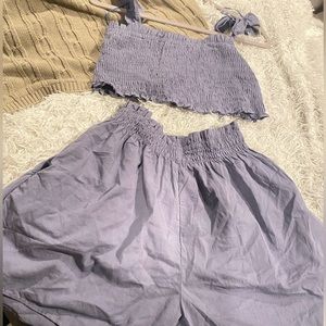 Two piece set with scrunched ruffled tank top and scrunched waistband shorts